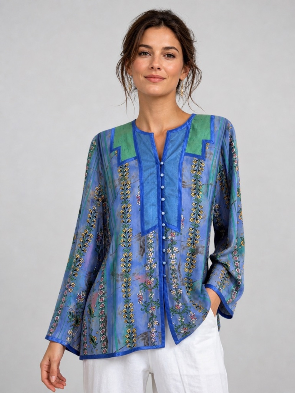 Maggie Shepherd Blue Floral Button Front Blouse Boho Top M